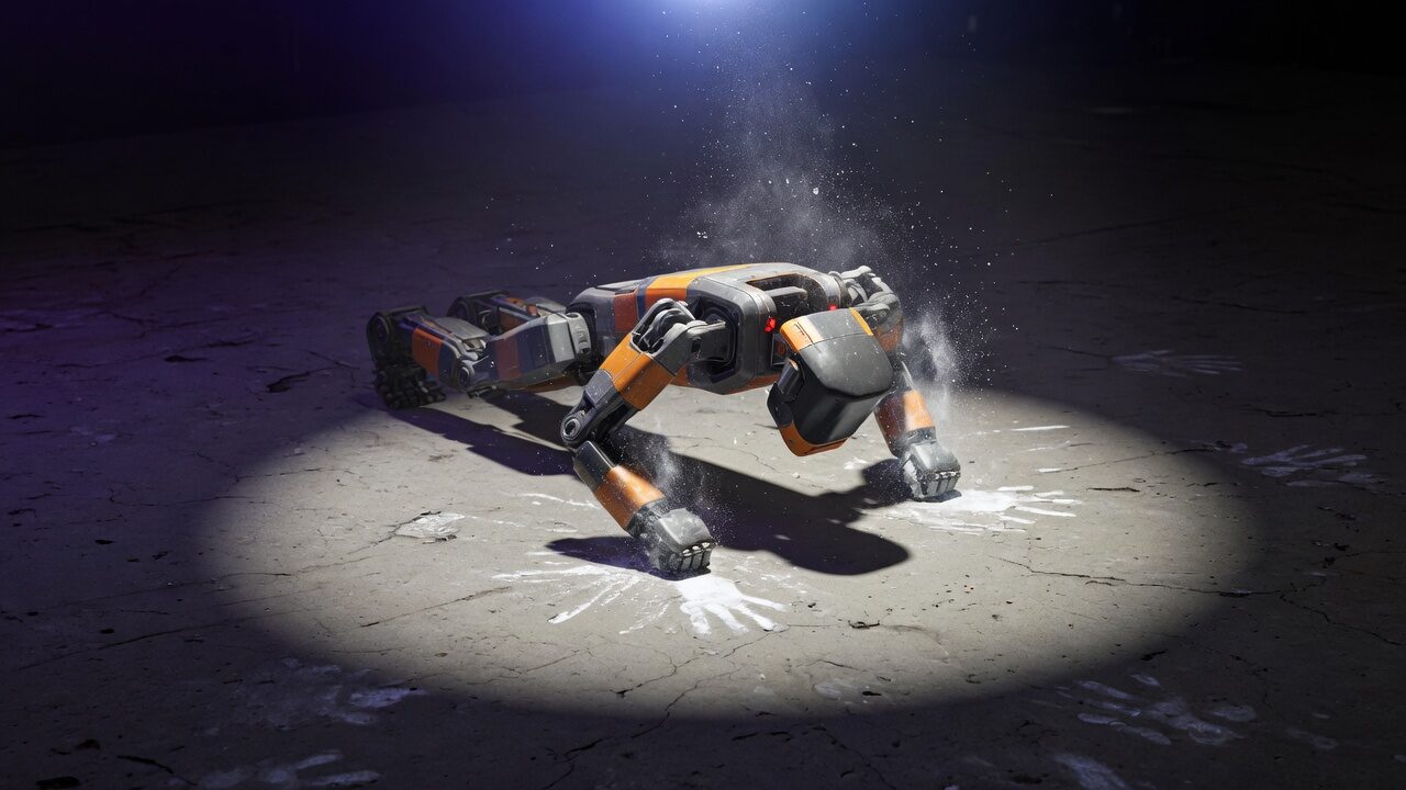 Close spotlight on the same orange robot mid-push-up, chalk spray hanging in the air above cracked concrete and ghosted handprints.