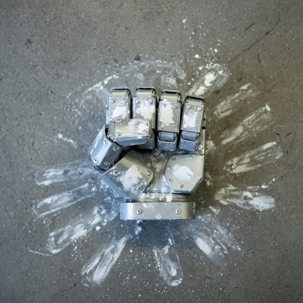 A chalk-dusted steel robot fist planted on gray concrete, surrounded by a starburst of white handprints.